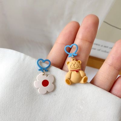 69225/S925银针趣味卡通小熊耳钉蓝色花朵儿童耳环夏日可爱耳夹女夏