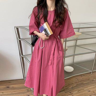 71282/连衣裙女夏季新款韩版温柔玫红学生韩版宽松系带收腰短袖中长裙子