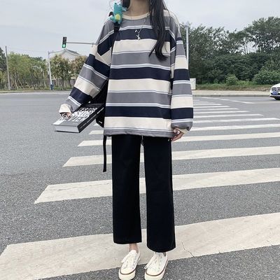 67419/秋季新款套装女学生韩版宽松阔腿裤+条纹长袖卫衣时尚休闲两件套