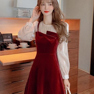126685/红色连衣裙女2021年新款秋季赫本风法式复古假两件长袖丝绒小黑裙