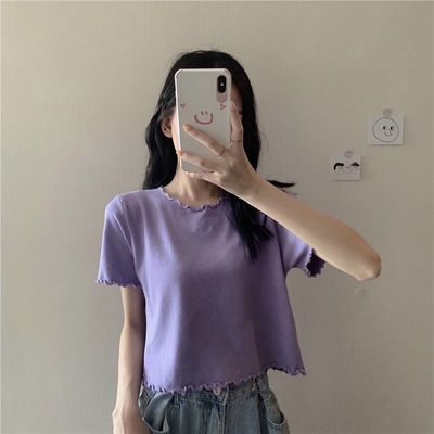 67390/2021年夏季新款韩版木耳卷边短袖T恤女短款显瘦上衣服ins潮