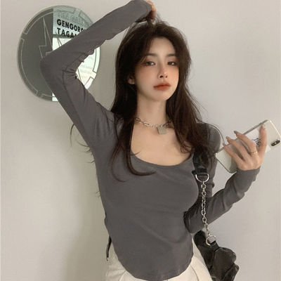 75053/U领设计感小众纯色长袖T恤女早秋欧美辣妹打底衫不规则修身上衣潮