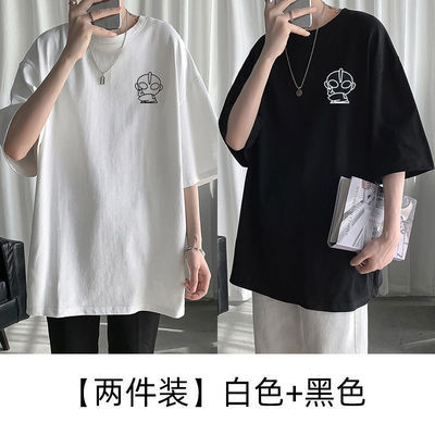 67939/【买一送一】夏季港风五分袖t恤男初中学生宽松短袖男潮流半截袖