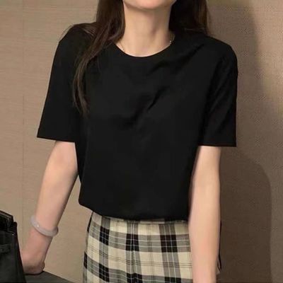 68598/C女装2021新款潮黑白色短袖t恤女春夏季圆领百搭宽松短款上衣