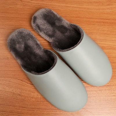 日式手工加绒家居室内防滑秋冬季女家用地板软底PU皮静音棉拖鞋