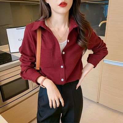 68229/2021秋冬新款磨毛气质上衣女叠穿衬衣设计感小众洋气打底衫长袖