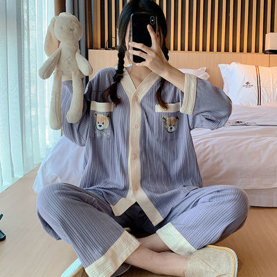 73146/睡衣女春秋季纯棉2021年新款可爱紫色坑条长袖两件套装夏冬家居服