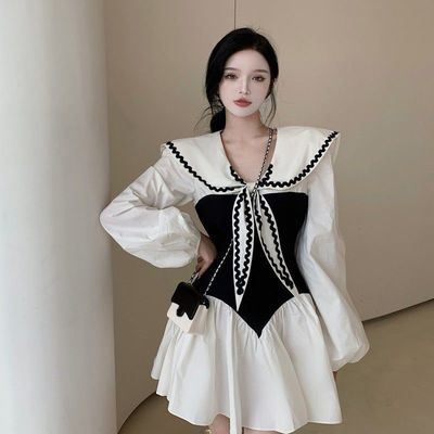 73523/2021秋季新款港风拼接绑带海军领收腰连衣裙女设计感小众长袖短裙