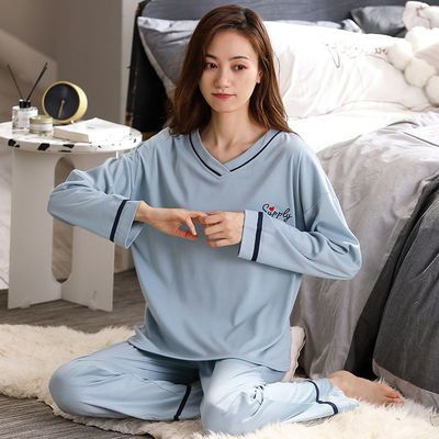 75387/【100%纯棉】睡衣女春秋季长袖长裤秋冬V领休闲家居服套装可外穿