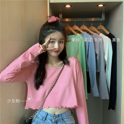 68839/2021新款秋季韩版高腰短款露脐木耳边上衣女修身显瘦长袖防晒t恤