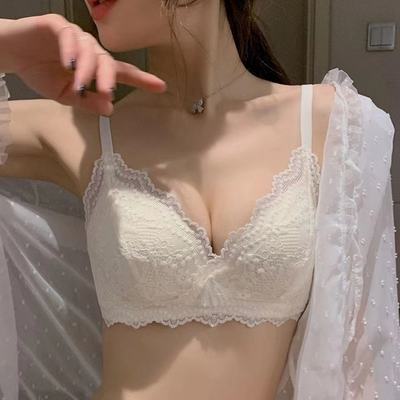 70383/无钢圈内衣女超薄款大胸显小聚拢收副乳防下垂性感蕾丝调整型文胸