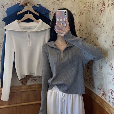 71062/春秋2021新款韩版上衣女百搭黑色港风复古薄款韩版设计感拉链长袖