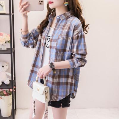 74028/格子衬衫女宽松长袖春秋季薄款百搭休闲学生春秋大码韩版衬衣外套
