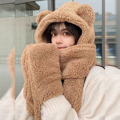 71349/冬天小熊护耳朵帽子围巾一体女秋冬季百搭可爱骑车毛绒保暖韩版潮