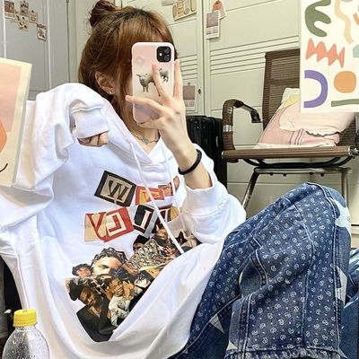 69583/2021秋季新款欧美嘻哈风人物美式印花连帽卫衣女学生韩版宽松