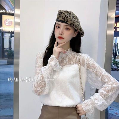 104679/蕾丝打底衫女秋冬洋气内搭加绒甜美学院风修身显瘦高领长袖上衣潮