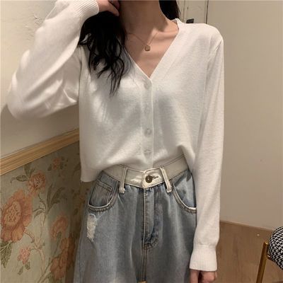 72748/薄款针织开衫外套女春秋韩版宽松毛衣外穿短款百搭V领打底衫上衣