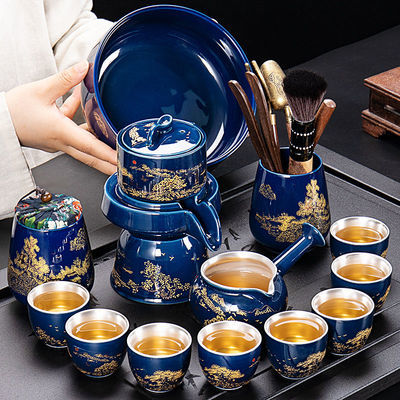 高档手工鎏银茶具套装家用简约懒人泡茶壶石磨半自动茶具功夫茶杯