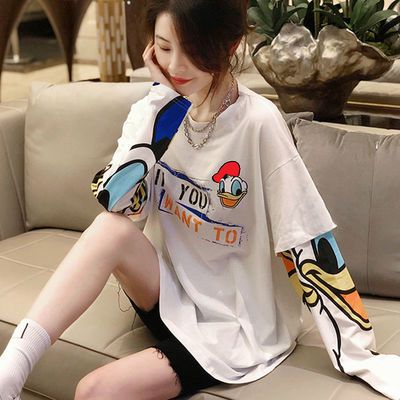 70532/上衣女2021年早秋款学生卡通印花假两件t恤女白色宽松拼接卫衣女