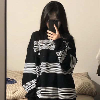 71510/国潮牌美式复古hiphop长袖情侣条纹卫衣女潮ins宽松BF慵懒风上衣