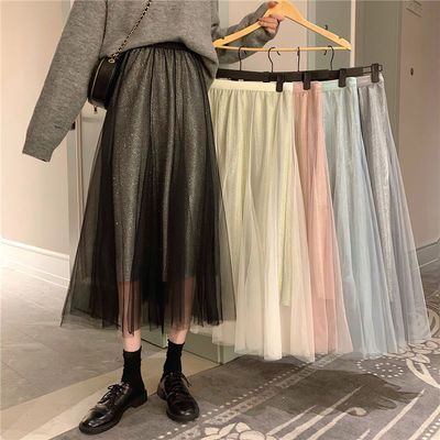 71019/网纱半身裙秋冬2021年新款超仙中长款高腰小个子chic闪闪仙女裙子