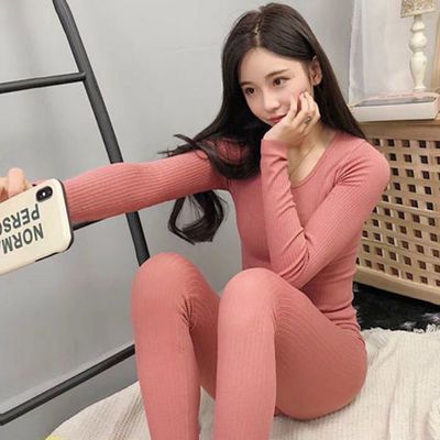 76820/【保暖套装】女士保暖内衣21年秋冬圆领薄款小熊无缝美体秋衣秋裤