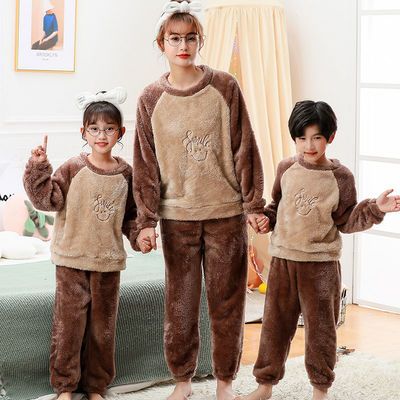 106387/儿童法兰绒睡衣男女童珊瑚绒加厚内衣套装中大童家居服亲子装秋冬