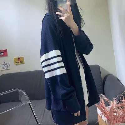 73091/TB外套女2021春秋新款韩版宽松四条杠大码休闲开衫拉链连帽卫衣女
