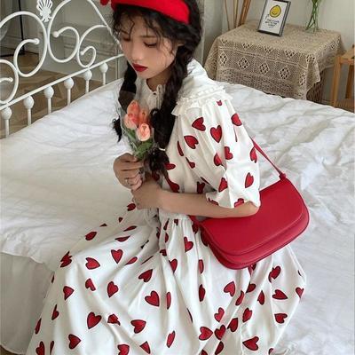 70749/日系甜妹爱心印花海军领中长款连衣裙女夏学院风韩系宽松A字裙潮
