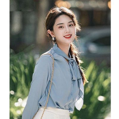 88793/茵曼早秋雪纺衬衫女长袖2021年新款立领绑带垂感优雅法式衬衣上衣