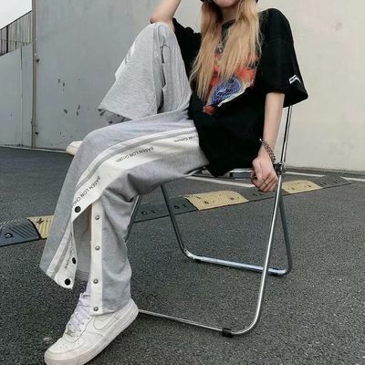 71828/排扣休闲卫裤女夏季薄款潮牌ins宽松直筒条纹拼色港风运动长裤子