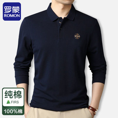 79071/罗蒙高档春秋季长袖t恤男士100%纯棉宽松翻领刺绣上衣打底polo衫