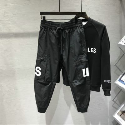 72233/秋季新款男士休闲裤日系潮流黑色字母微垮工装个性青年小脚长裤子