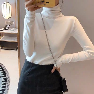 71954/C长袖t恤女秋装新款时尚洋气修身堆堆领上衣服内搭高领白色打底衫
