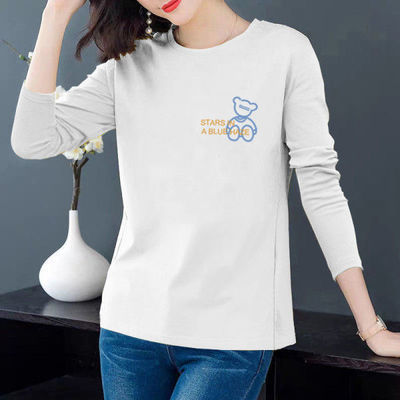 75359/长袖t恤女2021新款秋季韩版宽松大码圆领印花简约百搭上衣打底衫