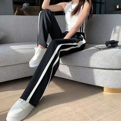 72369/新款潮网红港风黑白拼色阔腿拖地裤女2021秋冬直筒高腰垂感运动裤