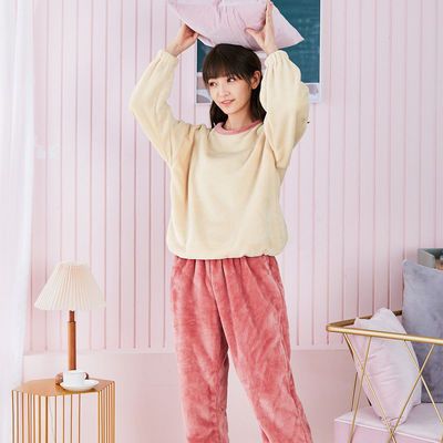 75250/都市丽人旗舰店睡衣女柔软厚实法兰绒圆领家居服套装可外穿