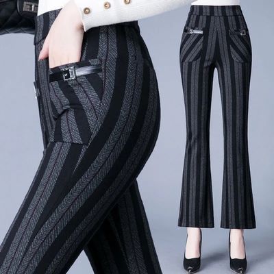76609/弹力休闲喇叭裤女2021秋季新款高腰修身显瘦格子时尚微喇叭裤长裤