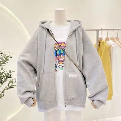 74382/棉卫衣女春秋新款韩版宽松大码休闲百搭薄款拉链开衫连帽长袖外套