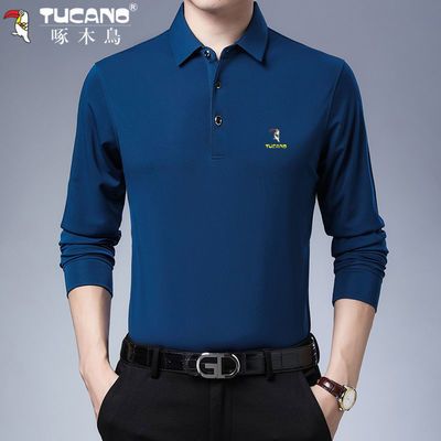 78782/啄木鸟正品男士长袖t恤翻领薄款春秋新款打底纯色中年上衣Polo衫