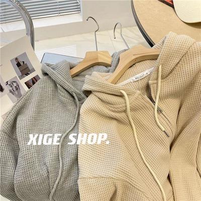 76024/华夫格连帽卫衣女秋冬新款韩版薄款宽松慵懒休闲百搭开衫拉链外套