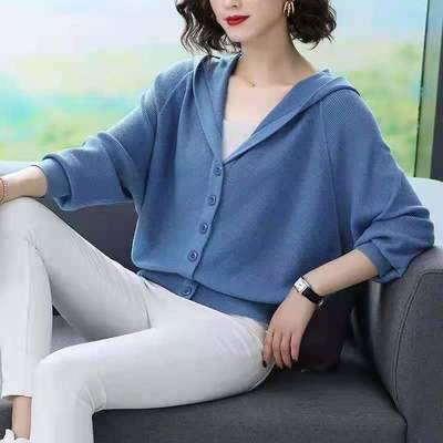 75530/连帽羊毛开衫2021秋冬女款简约韩版宽松洋气纯色白搭长袖针织衫