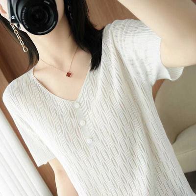 75533/V领2021新款短袖T恤韩版女冰丝针织衫宽松时尚百搭薄款打底衫