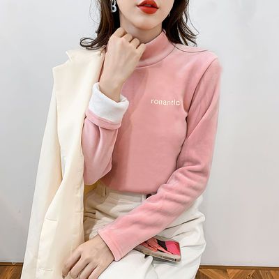75555/单/双面丝绒中领打底衫女加绒加厚2021新款秋冬季保暖百搭长袖t恤