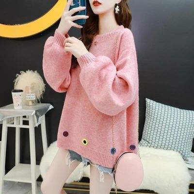 76158/甜美森女百搭大码套头毛衣女宽松慵懒新风春装新款韩版针织衫外套