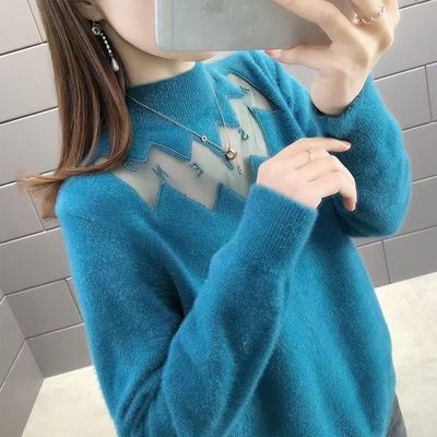 78941/水貂绒半高领宽松加厚毛衣女2021秋冬新款网纱打底外穿百搭针织衫