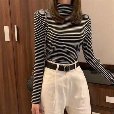 77068/春秋新款半高领条纹打底衫女修身内搭学生长袖T恤女黑白上衣女装
