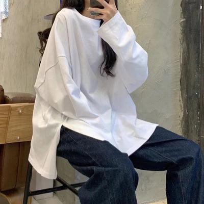 78989/两边开叉长袖t恤女2021秋季新款学生韩版宽松内搭打底衫上衣ins潮