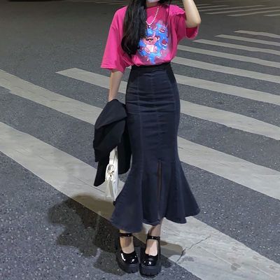 116521/大码高腰牛仔鱼尾半身裙女秋夏2021新款胖mm显瘦开叉中长款包臀裙