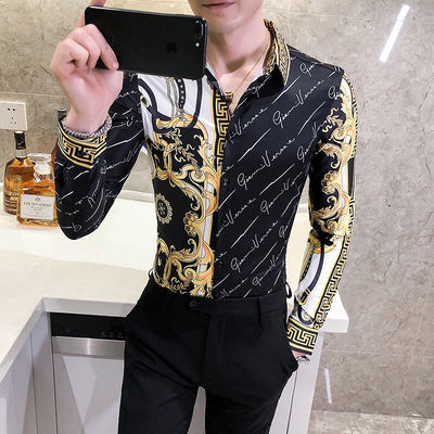 99141/欧洲站男士长袖衬衫欧美宫廷风复古印花衬衣发型师韩版修身寸衫潮
